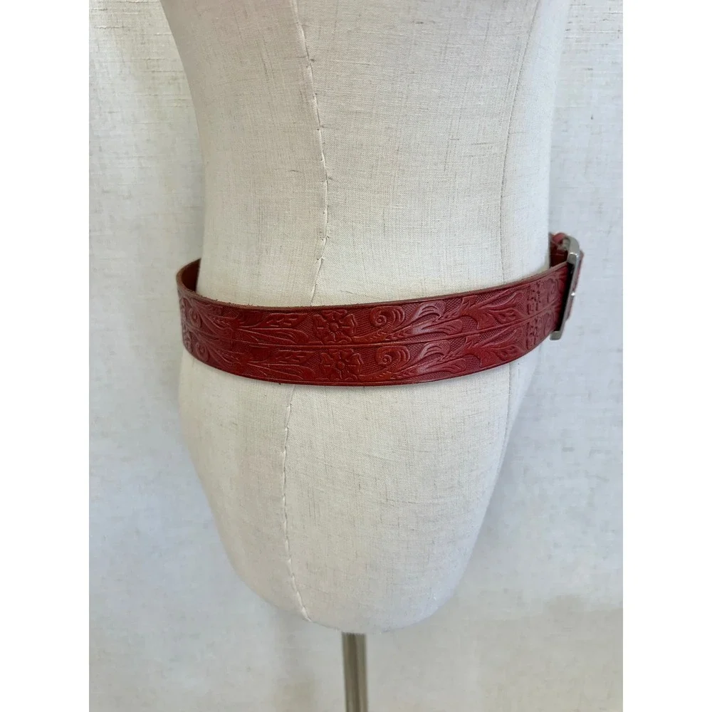 Lauren Ralph Lauren Floral Tooled Embossed Red Leather Belt Size Medium